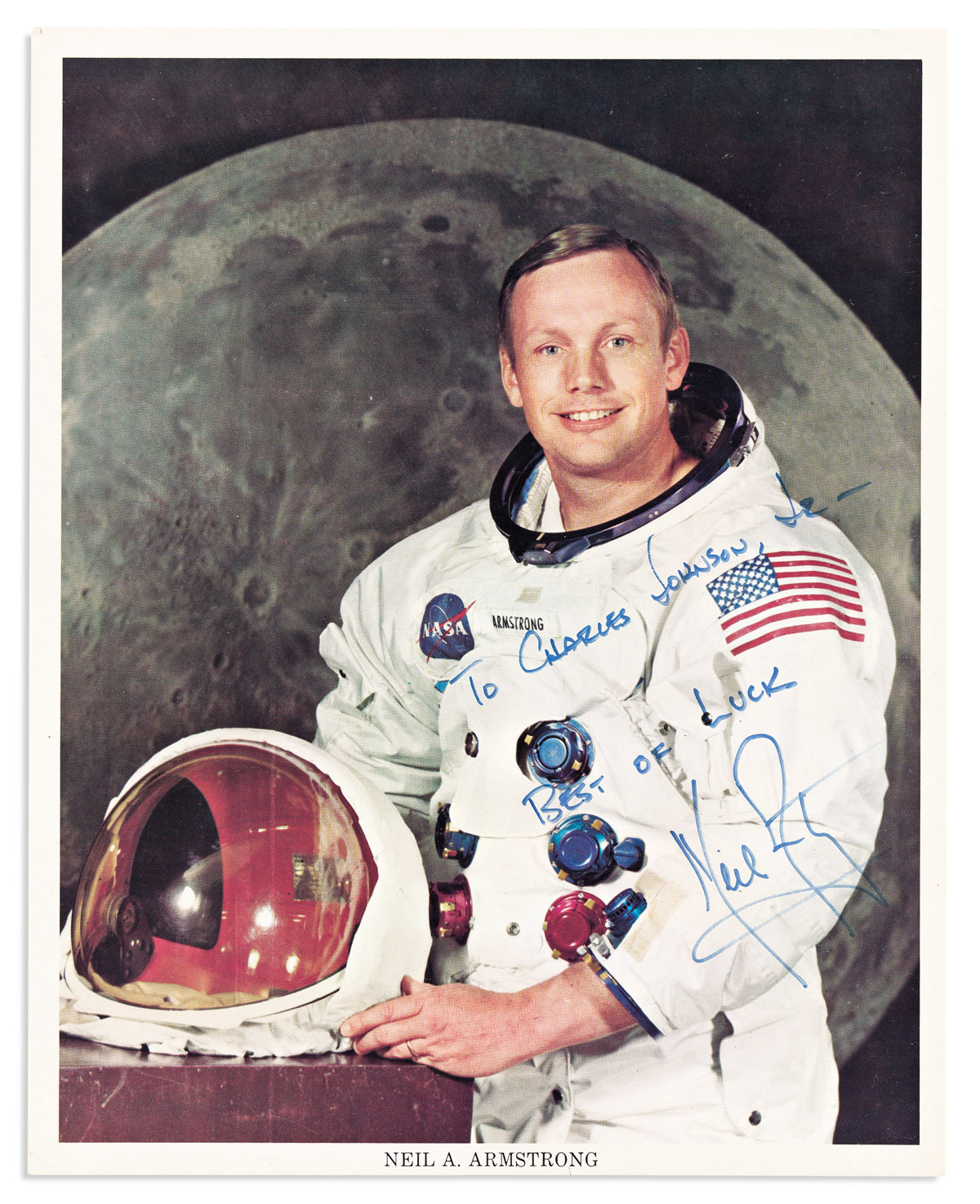 (ASTRONAUTS.) ARMSTRONG, NEIL. Color Photograph Signed and Inscribed, To Charles Johnson, Jr-- / Best of Luck, half-length portrait b